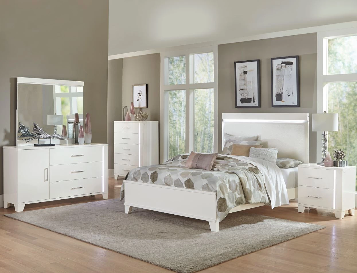 Home Elegance Bedroom Keren White Queen Bed With LED Headboard W/ Dresser & Mirror 1 Home Elegance Bedroom Keren White Queen Bed With LED Headboard W/ Dresser & Mirror