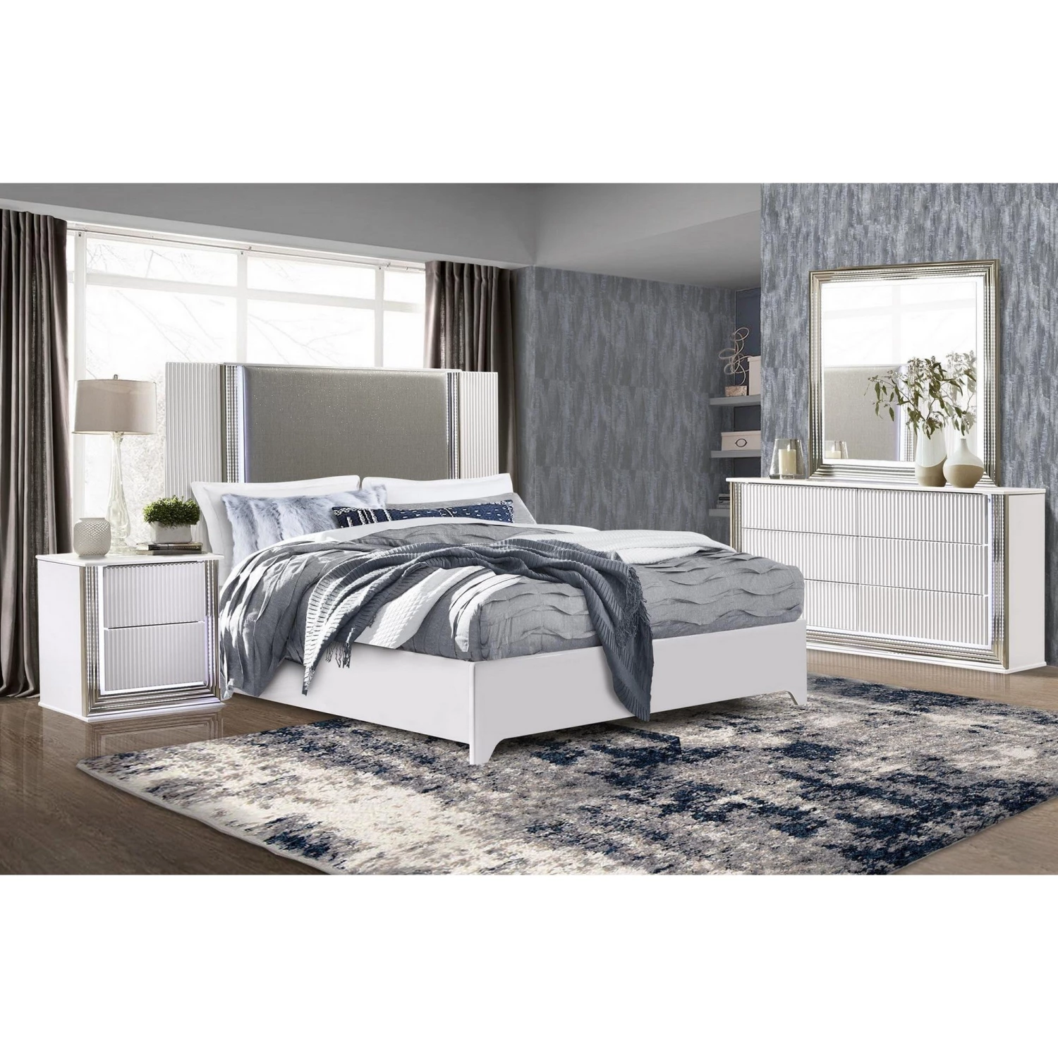 Global Aspen White King Bed With LED Headboard W/ Dresser & Mirror, Nightstand 1 Global Aspen White King Bed With LED Headboard W/ Dresser & Mirror, Nightstand