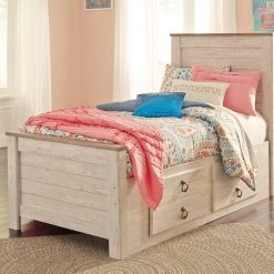Ashley Willowton Twin Panel Bed With Under Bed Storage - Whitewash Beds