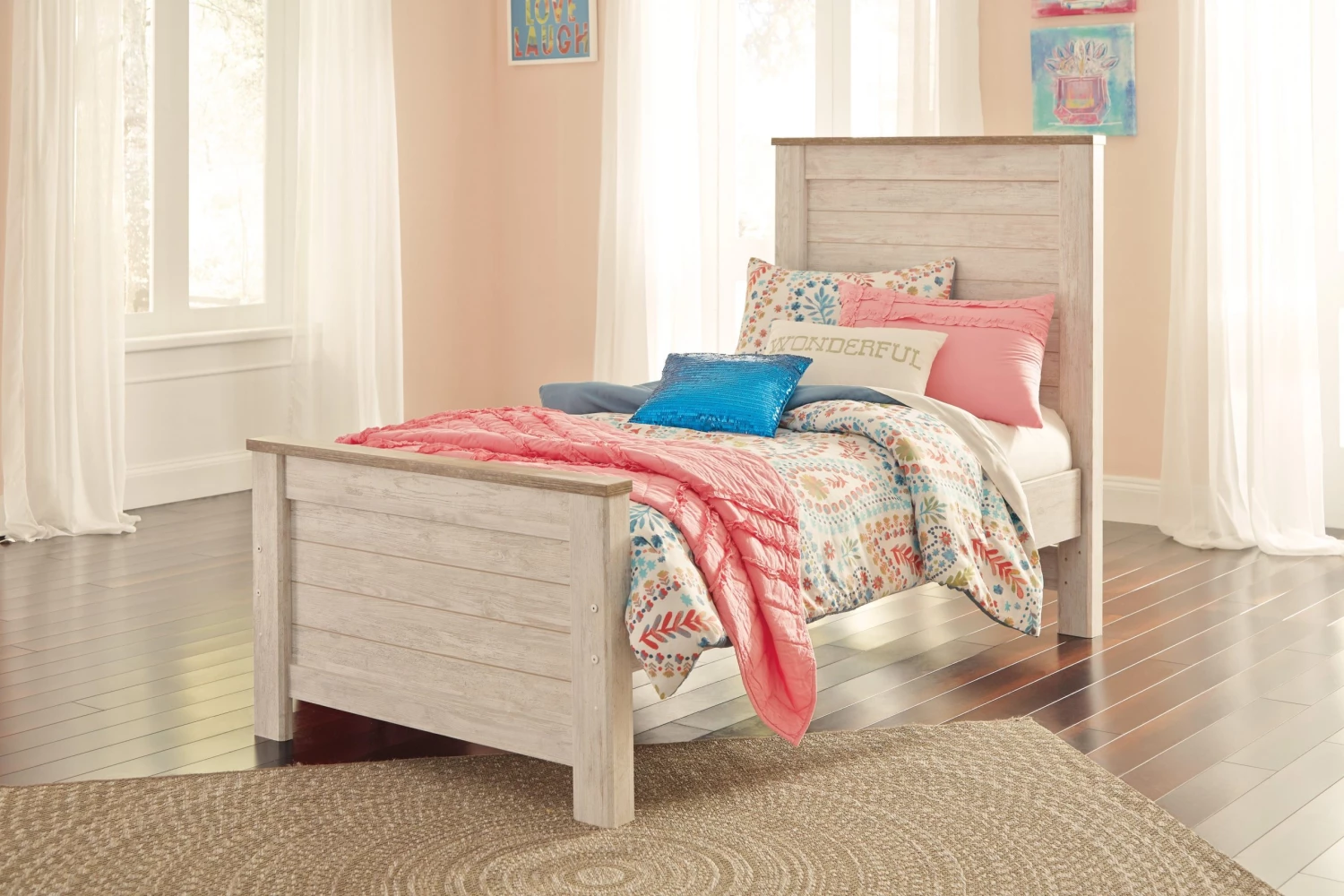 Ashley Willowton Twin Panel Bed - Whitewash 1 Ashley Willowton Twin Panel Bed - Whitewash