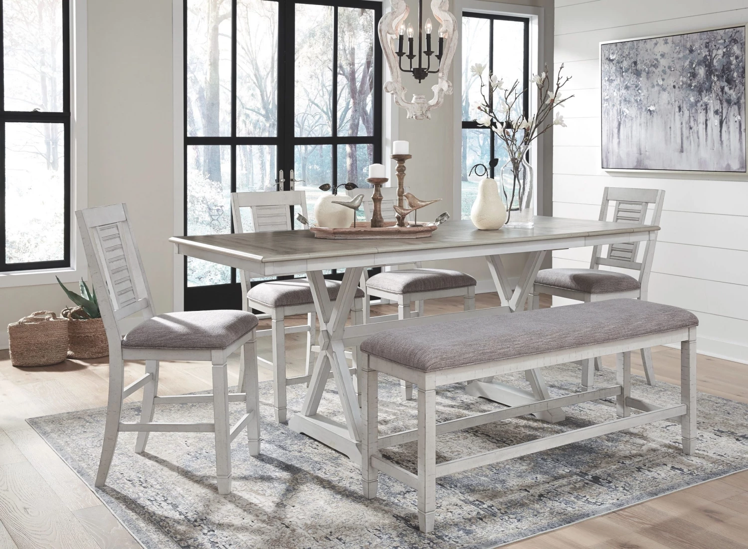 Ashley Teganville Pub Table 4 Barstools & Double Upholstered Bench Dining Room 1 Ashley Teganville Pub Table 4 Barstools & Double Upholstered Bench Dining Room