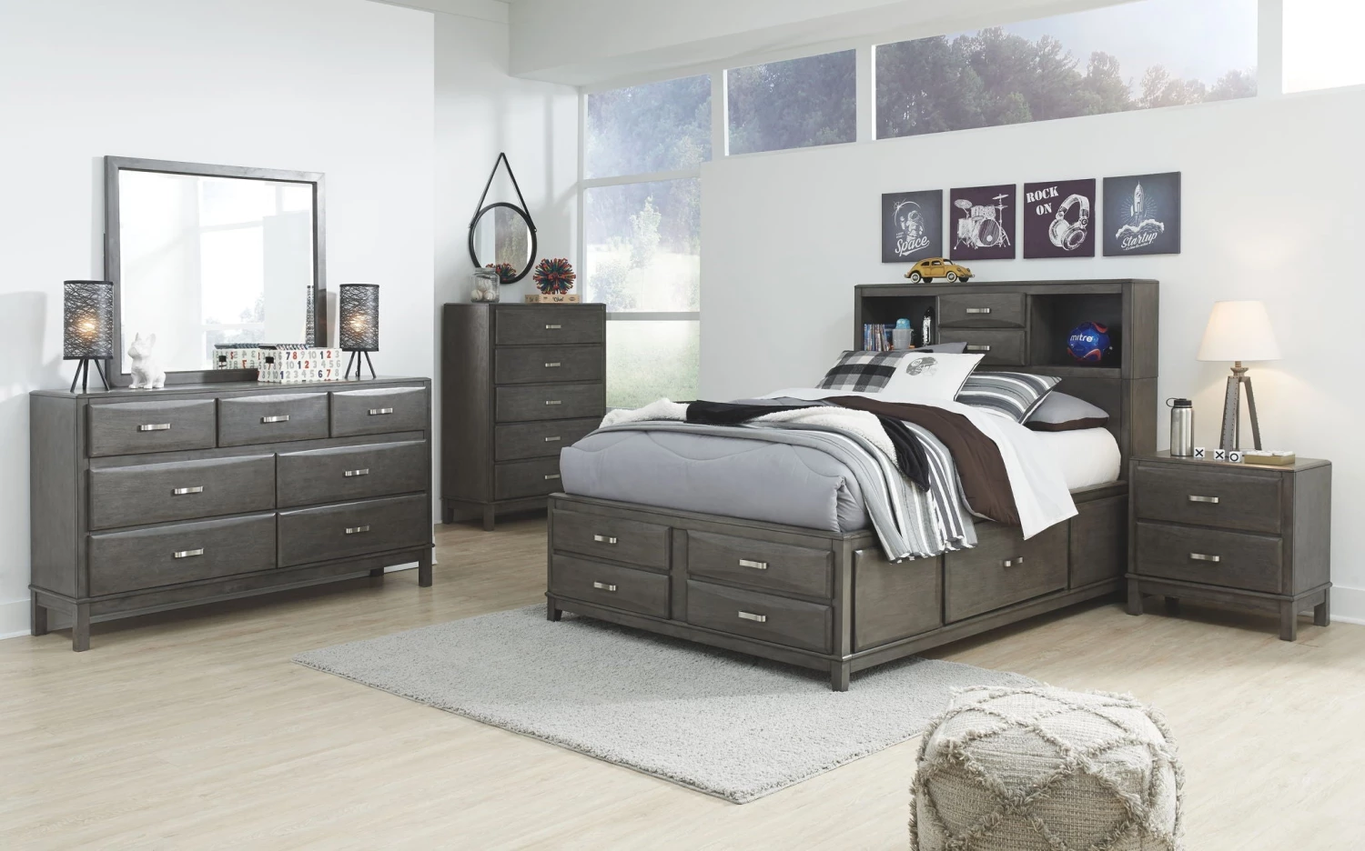 Ashley Caitbrook Gray Full Bed W/ Dresser Mirror & Night Stand Bedroom 1 Ashley Caitbrook Gray Full Bed W/ Dresser Mirror & Night Stand Bedroom