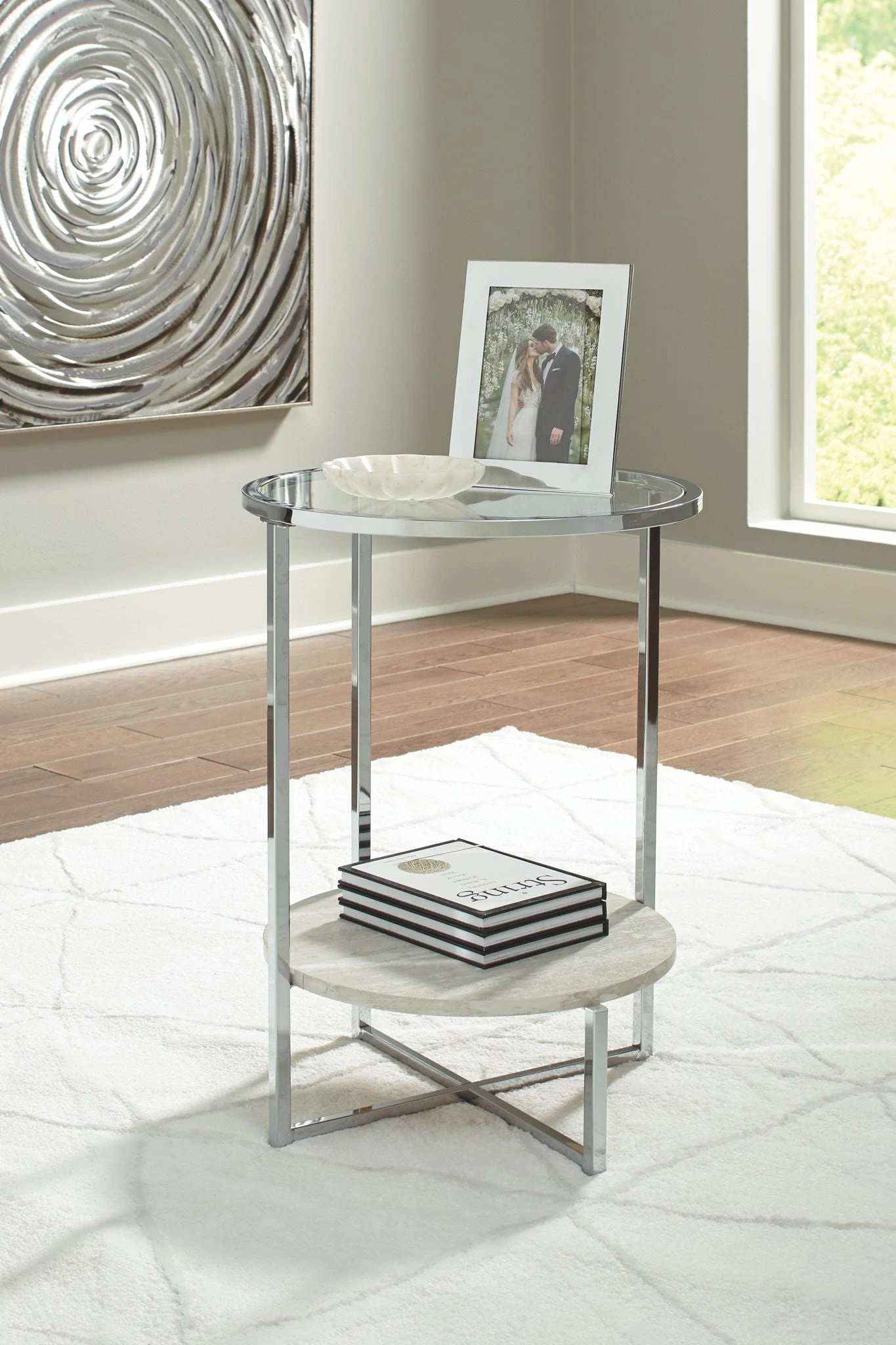 Ashley Living Room Bodalli - Ivory/Chrome - Round End Table 1 Ashley Living Room Bodalli - Ivory/Chrome - Round End Table