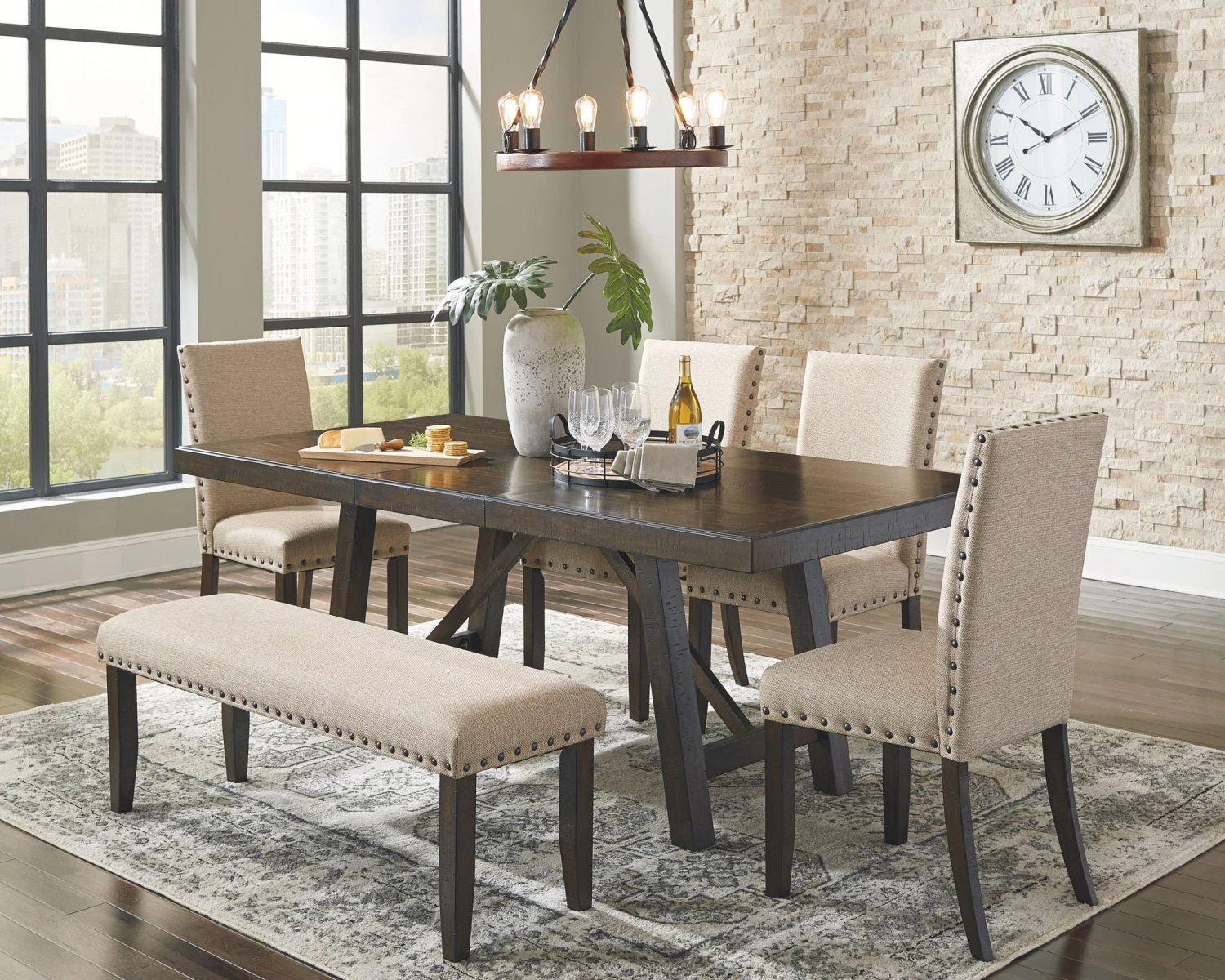 Ashley Rokane RECT DRM EXT Table, 4 Chairs & Upholstered Bench 1 Ashley Rokane RECT DRM EXT Table, 4 Chairs & Upholstered Bench