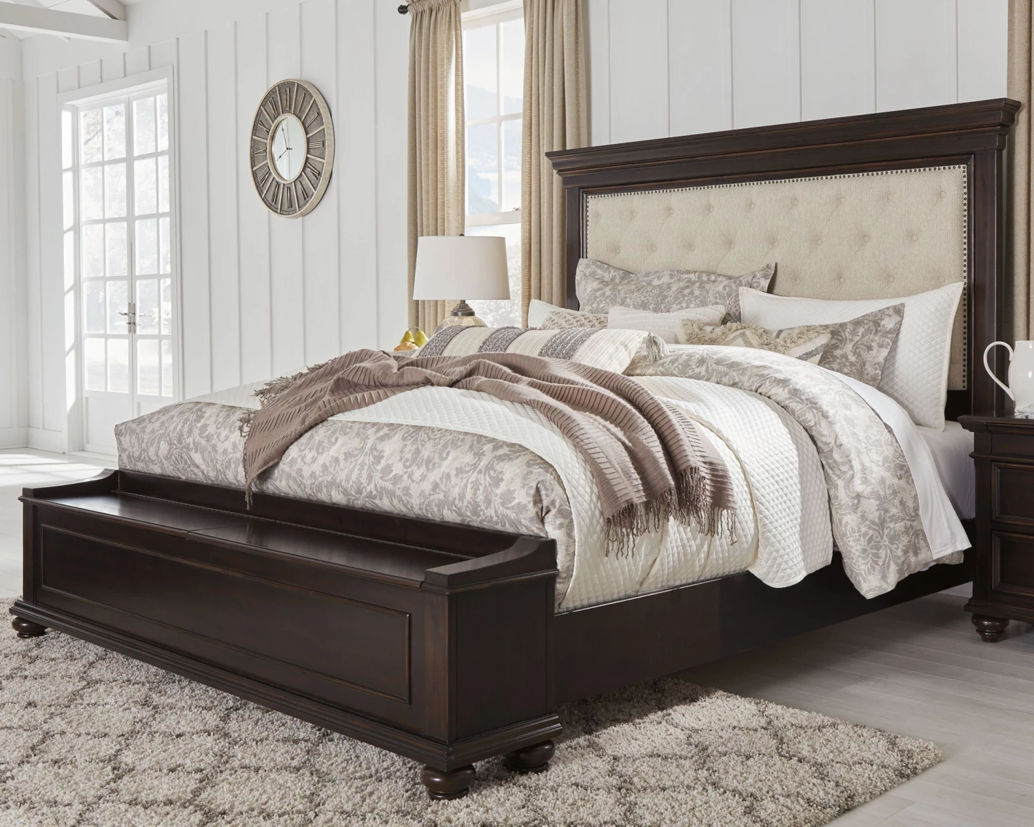 Ashley Beds Brynhurst King Upholstered Bed With Storage - Dark - Brown 1 Ashley Beds Brynhurst King Upholstered Bed With Storage - Dark - Brown