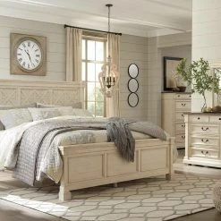 Ashley King Beds Bolanburg Antique White King Bed With Dresser Mirror & 2 Nightstand